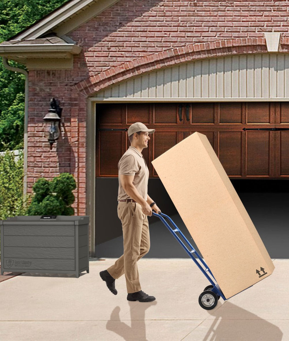 Delivery driver placing a large package into the garage on a dolly